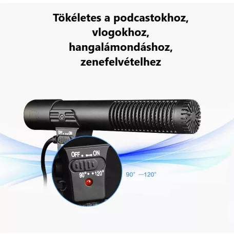 Professzionális Irányított Kondenzátor Mikrofon/Kameramikrofon, vetetékes stereo, vlogging-, interjú-, élő közvetítés-, videofelvételhez, SLR fényképezőgép és DV kompatibilis, fekete