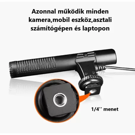 Professzionális Irányított Kondenzátor Mikrofon/Kameramikrofon, vetetékes stereo, vlogging-, interjú-, élő közvetítés-, videofelvételhez, SLR fényképezőgép és DV kompatibilis, fekete