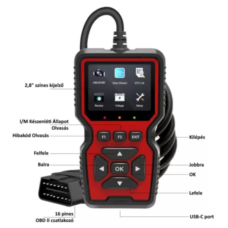 Professzionális autós Diagnosztikai Hibakód olvasó, OBD-II, színes TFT kijelző, univerzális, V519