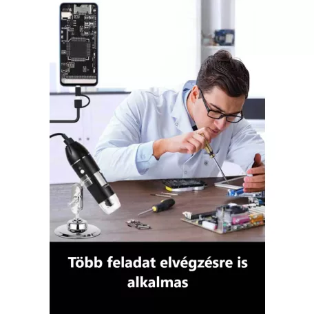 Hordozható Digitális Mikroszkóp, OTG csatlakozóval, 8 LED, 5x optikai zoom, 50->1000x digitális képnagyítás, fekete