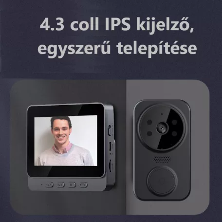 Vezeték nélküli videós kapucsengő, 6 hangerő fokozat, 4.3″ IPS HD kijelző, max.150m hatótáv, éjjellátó funkció, fekete