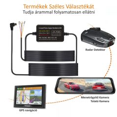   Autós kamera töltő adapter, biztosíték táblába köthető, 3.2 méter, 5V/2.5A, Mini USB csatlakozóval, fekete