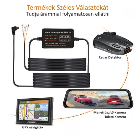Autós kamera töltő adapter, biztosíték táblába köthető, 3.2 méter, 5V/2.5A, Mini USB csatlakozóval, fekete