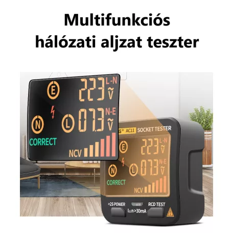 Multifunkciós Konnektor dugalj teszter, digitális hálózati aljzat teszter, aljzatvizsgáló, LCD kijelző, fekete