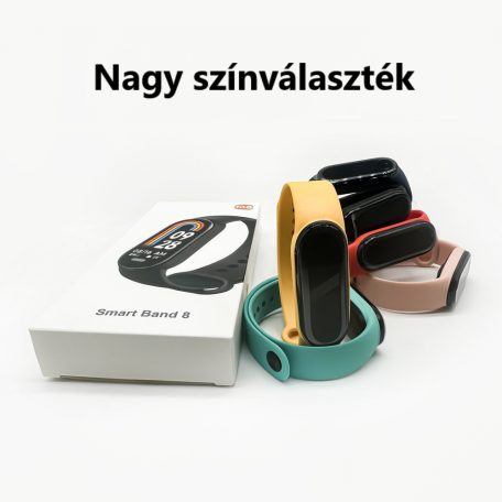 Okos Egészség karkötő M8, smart aktivitásmérő, színes LCD kijelző, vízálló, lépésszámláló, pulzus, vérnyomás, véroxigénszint mérés, sétához és sporthoz, világoskék