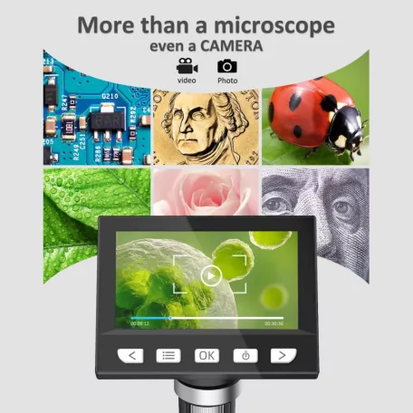 Hordozhatós elektronikus digitális mikroszkóp, 4,3" LCD kijelzővel, MicroSD/TF kártya támogatás, 50X-1000X képnagyítással, fényerősség szabályzó, fehér