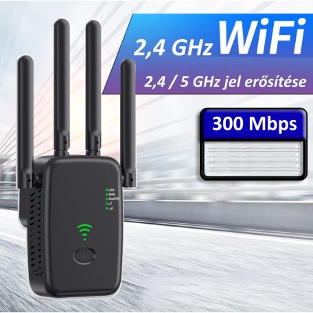 Urlant Wi-Fi WLAN Jelerősítő Repeater, 2,4GHz Wi-Fi, LAN/WAN Ethernet port, WPS, 300Mbps, 4 antenna, fekete