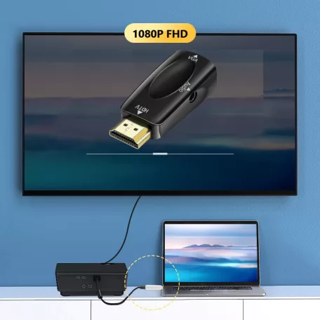 HDMI->VGA+Jack átalakító adapter, HDMI apa -> VGA anya + 3.5mm Jack anya, fekete