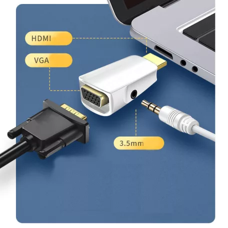 HDMI->VGA+Jack átalakító adapter, HDMI apa -> VGA anya + 3.5mm Jack anya, fekete