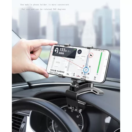 Autós mobiltelefon tartó, 360°-ban forgatható, visszapillantó tükörre helyezhető, műszerfalra rögzíthető, fekete