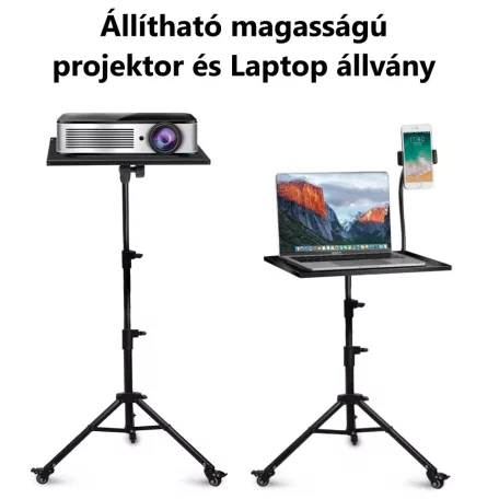 Multifunkciós Projektor Állvány, 60-135cm, laptophoz/projektorhoz, telefon tartóval, guruló talp, állítható magasság, forgatható tálca, fekete