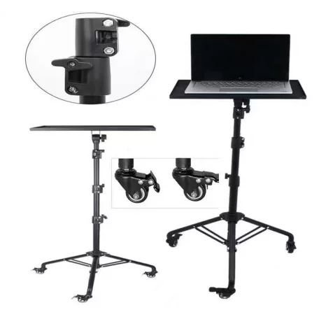 Multifunkciós Projektor Állvány, 60-135cm, laptophoz/projektorhoz, telefon tartóval, guruló talp, állítható magasság, forgatható tálca, fekete