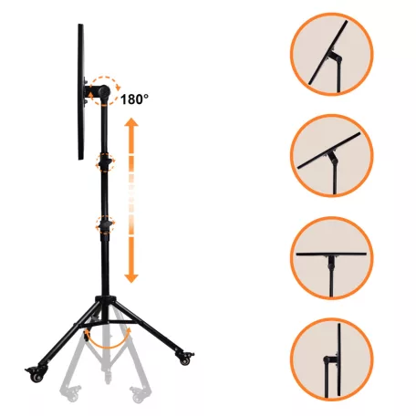 Multifunkciós Projektor Állvány, 60-135cm, laptophoz/projektorhoz, telefon tartóval, guruló talp, állítható magasság, forgatható tálca, fekete