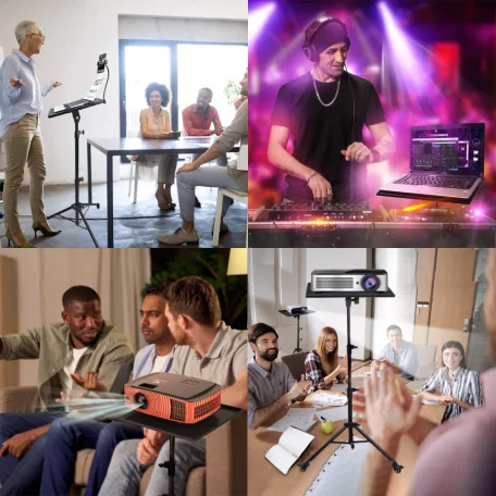 Multifunkciós Projektor Állvány, 60-135cm, laptophoz/projektorhoz, telefon tartóval, guruló talp, állítható magasság, forgatható tálca, fekete