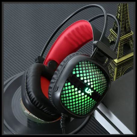 Gamer fejhallgató, USB + 2db 3,5mm Jack, vezetékes headset, integrált mikrofon, 7 színű RGB világítás, fekete