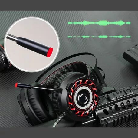 Gamer fejhallgató, USB + 2db 3,5mm Jack, vezetékes headset, mikrofon zajszűrő, hangerőszabályzó, 7 színű RGB világítás, fekete