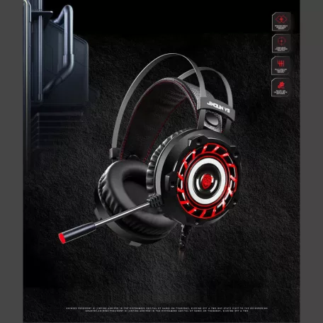 Gamer fejhallgató, USB + 2db 3,5mm Jack, vezetékes headset, mikrofon zajszűrő, hangerőszabályzó, 7 színű RGB világítás, fekete