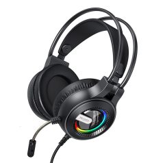   Gamer fejhallgató, USB + 2db 3,5mm Jack, vezetékes headset, mikrofon, hangerőszabályzó, RGB LED világítás, fekete