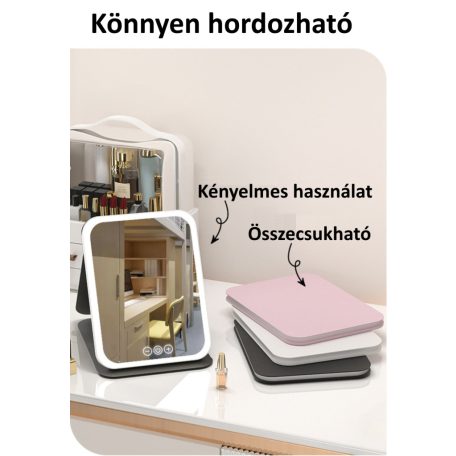 Professzionális LED-es Kozmetikai Tükör, sminkhez, állítható fényerő, összecsukható, érintős szenzor, újratölthető akkumulátor, pink