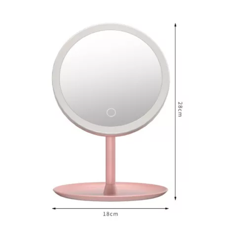 Professzionális LED-es kozmetikai tükör, sminkhez, 3 féle világítás, állítható fényerősséggel, érintő szenzoros, újratölthető akkumulátor, pink