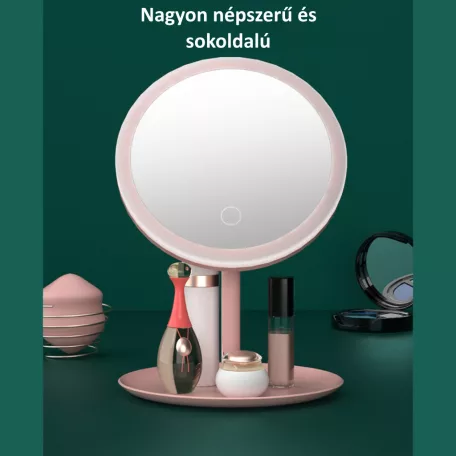 Professzionális LED-es kozmetikai tükör, sminkhez, 3 féle világítás, állítható fényerősséggel, érintő szenzoros, újratölthető akkumulátor, pink
