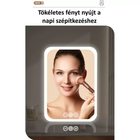 Professzionális LED-es Kozmetikai Tükör, sminkhez, állítható fényerő, támasztó láb, érintős szenzor, újratölthető akkumulátor, pink