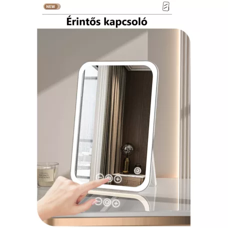 Professzionális LED-es Kozmetikai Tükör, sminkhez, állítható fényerő, támasztó láb, érintős szenzor, újratölthető akkumulátor, pink