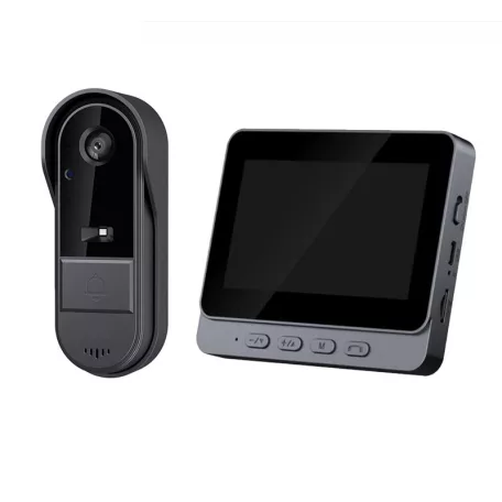 Vezeték nélküli videós kapucsengő, 6 hangerő fokozat, 4.3″ IPS HD kijelző, max 160m hatótáv, éjjellátó funkció, IP65 vízvédettség, fekete