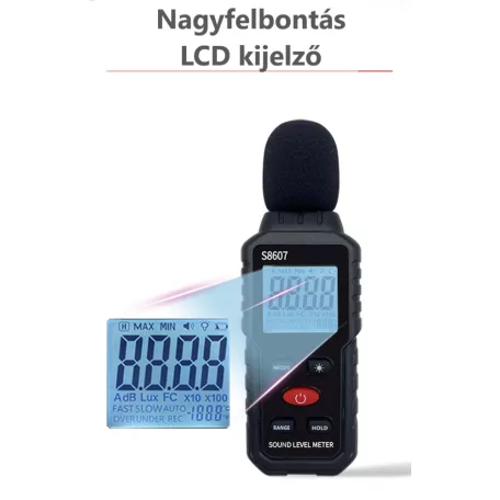 Digitális zajszintmérő, hordozható hangerősségmérő, LCD kijelző, 30 és 130dB közötti hang- és zaj mérés, fekete