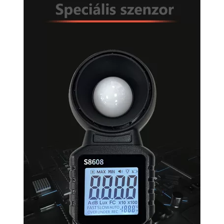 Digitális fényerősségmérő műszer, hordozható LUX,FC mérő, LCD kijelző, integrált beeper, fekete
