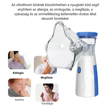 Hordozható ultrahangos inhalátor, csendes technológia, 3 fokozatba állítható porlasztó, gyerekeknek és felnőtteknek, fehér/kék
