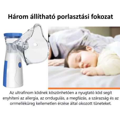 Hordozható ultrahangos inhalátor, csendes technológia, 3 fokozatba állítható porlasztó, gyerekeknek és felnőtteknek, fehér/kék