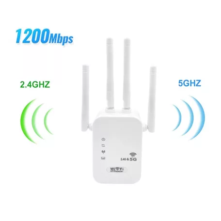 Urlant Wi-Fi WLAN Jelerősítő Repeater, 2,4GHz/5GHz, AC 1200Mbps, 4 antenna, LAN port, fehér