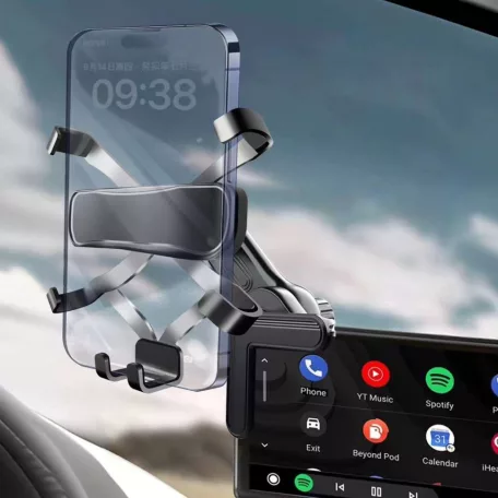 Autós Mobiltelefon Tartó, 360°-ban forgatható, kijelzőre, napellenzőre rögzíthető, fekete