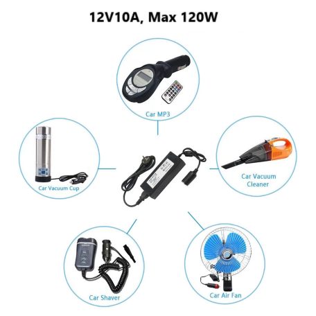 Hálózati Szivargyújtós Átalakító Adapter, AC 230V, DC 12V/10A/120W, szivargyújtóra alakít, 2.2 méter, fekete