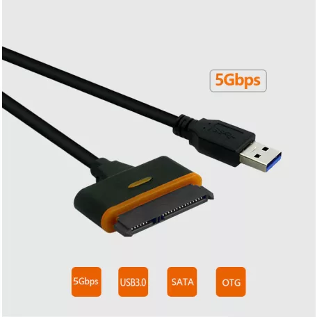 SATA-USB 3.0 adapter kábel, 2.5/3.5" SSD vagy HDD meghajtókhoz, Plug and Play, fekete