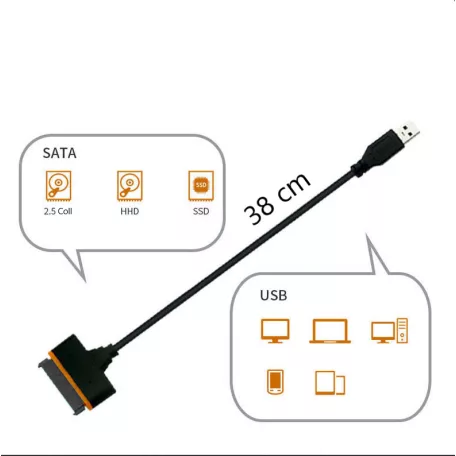 SATA-USB 3.0 adapter kábel, 2.5/3.5" SSD vagy HDD meghajtókhoz, Plug and Play, fekete