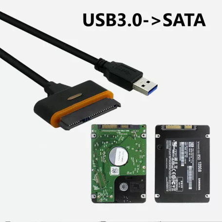 SATA-USB 3.0 adapter kábel, 2.5/3.5" SSD vagy HDD meghajtókhoz, Plug and Play, fekete