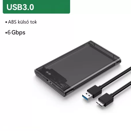 Külső merevlemez ház, USB 3.0, 2.5" SATA HDD, max. 6TB SSD/HDD-vel kompatibilis, átlátszó fekete