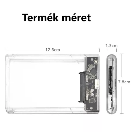 Külső merevlemez ház, USB 3.0, 2.5" SATA HDD, max. 6TB SSD/HDD-vel kompatibilis, átlátszó fekete