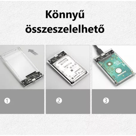 Külső merevlemez ház, USB 3.0, 2.5" SATA HDD, max. 6TB SSD/HDD-vel kompatibilis, átlátszó fekete