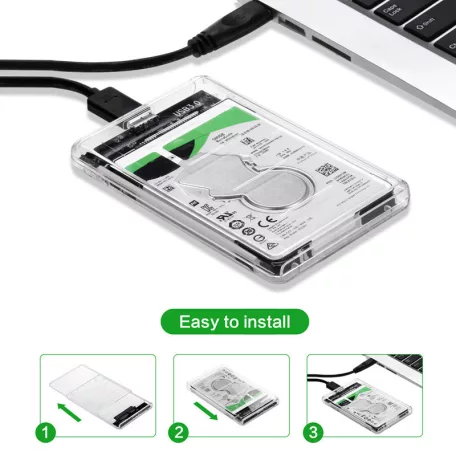 Külső merevlemez ház, USB 3.0, 2.5" SATA HDD, max. 6TB SSD/HDD-vel kompatibilis, átlátszó fekete