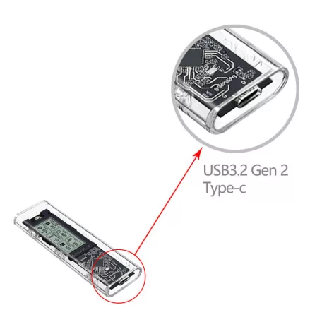 Külső M.2 SSD merevlemez ház, M.2 PCIe NVMe SSD-hez dokkoló funkcióval, LCD kijezővel, 10Gbps, Type-C kimenet, ABS ház, max 4TB, átlátszó