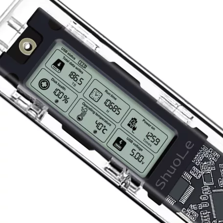 Külső M.2 SSD merevlemez ház, M.2 PCIe NVMe SSD-hez dokkoló funkcióval, LCD kijezővel, 10Gbps, Type-C kimenet, ABS ház, max 4TB, átlátszó