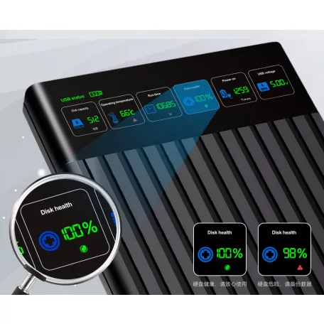 Külső merevlemez ház, USB 3.2, 2.5" SATA HDD, LCD kijelzővel, max. 4TB SSD/HDD-vel kompatibilis, fekete