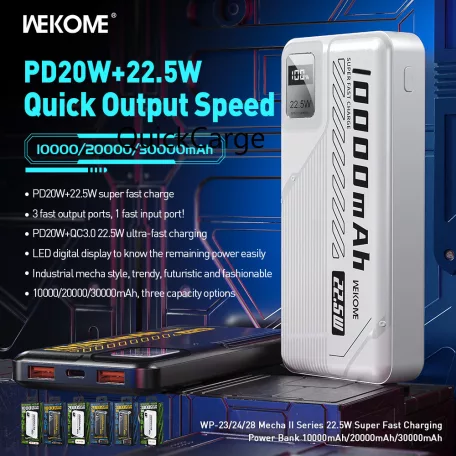 Wekome® Powerbank 10000mAh, külső akkumulátor, 22.5W gyorstöltés (USB-A + USB-C), fehér