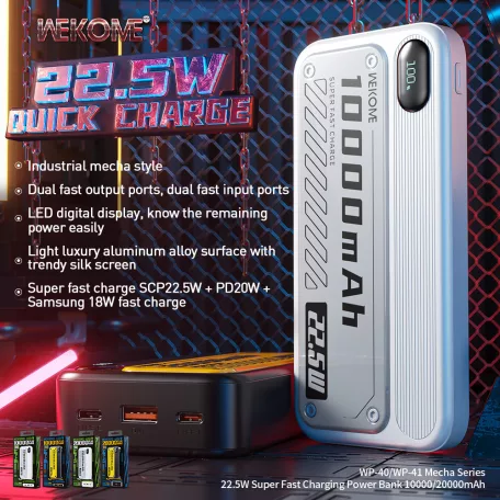 Wekome® Powerbank 10000mAh, külső akkumulátor, 22.5W gyorstöltés (USB-A + USB-C), fehér