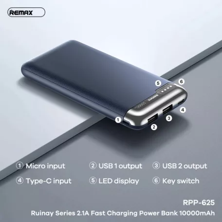 Remax® Powerbank, 10000mAh, külső akkumulátor, 20W gyorstöltés (2xUSB-A), szürke