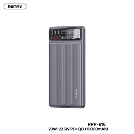 Remax® Powerbank, 10000mAh, külső akkumulátor, 22.5W gyorstöltés (USB-A + USB-C), Quick Charge, szürke