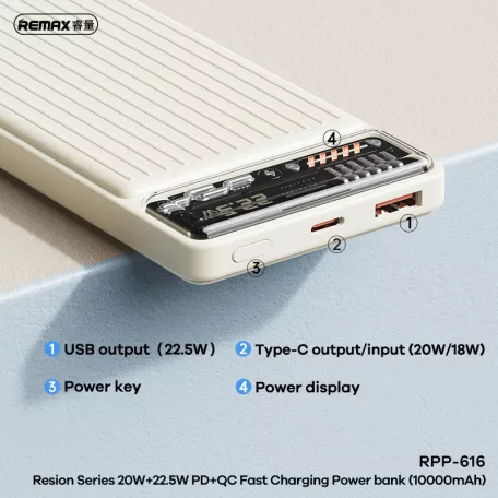 Remax® Powerbank, 10000mAh, külső akkumulátor, 22.5W gyorstöltés (USB-A + USB-C), Quick Charge, szürke